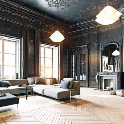 Superbe salon d’un appartement parisien de luxe, avec des boiseries sombres, un parquet en point de Hongrie et une décoration moderne, illustrant l’expertise de notre agence dans la chasse d’appartements haut de gamme à Paris