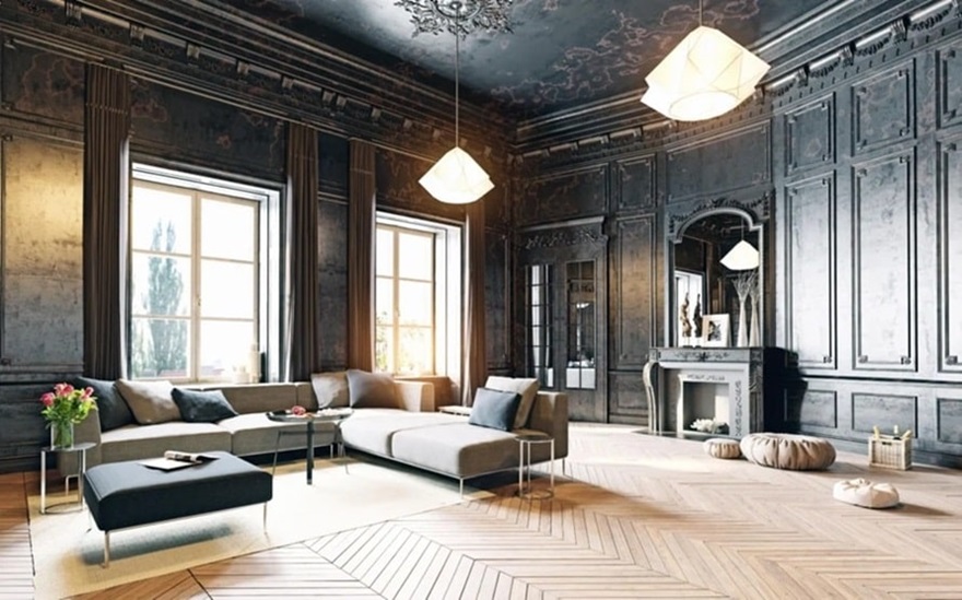 Superbe salon d’un appartement parisien de luxe, avec des boiseries sombres, un parquet en point de Hongrie et une décoration moderne, illustrant l’expertise de notre agence dans la chasse d’appartements haut de gamme à Paris