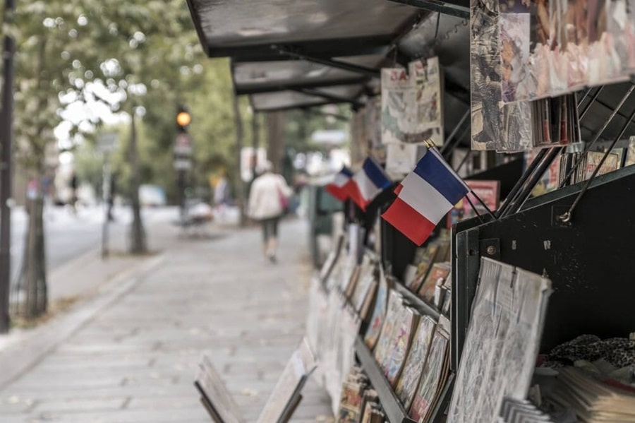 vista stock photo stall selling french flags old comics left bank river seine min min