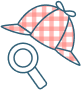 Icône avec une loupe et un chapeau symbolisant l'enquête de voisinage réalisée par nos chasseurs immobiliers à Paris et dans les Hauts-de-Seine.