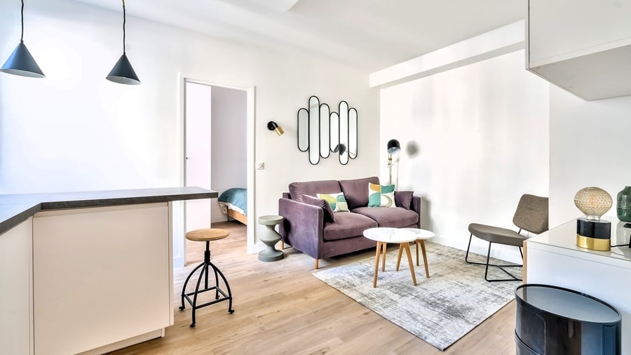 Vue d'un salon lumineux et moderne dans un appartement deux pièces rénové à Paris 16e, quartier Auteuil, présenté par un chasseur d'appartement à Paris.