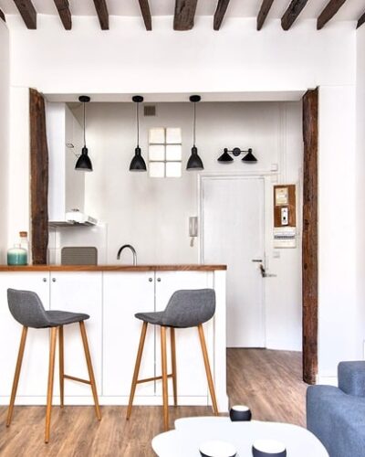 Appartement deux pièces avec poutres apparentes, cuisine ouverte avec bar et séjour cosy, situé dans le quartier prisé des Martyrs, Paris 9e.