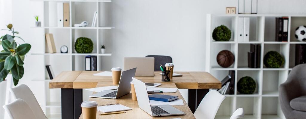 Bureaux modernes et minimalistes avec mobilier en bois clair, parfaits pour l'achat de locaux professionnels à Paris.