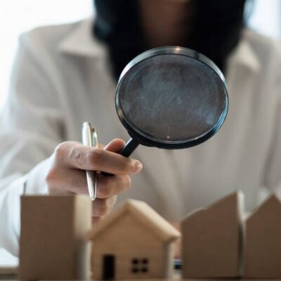 Une femme tenant une loupe et examinant des modèles de maisons, symbolisant l’expertise d’un chasseur immobilier dans l’évaluation et la recherche de biens à Paris et ses environs