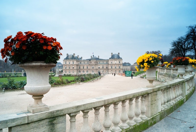 Vue du Palais du Luxembourg et des jardins fleuris, symbole emblématique du 6ᵉ arrondissement de Paris.