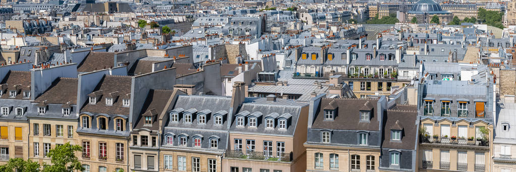 Vue panoramique des toits parisiens et des façades typiques du Marais, avec ses immeubles anciens, lucarnes et toitures en zinc caractéristiques.
