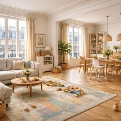 Appartement familial à Paris avec pièce de vie lumineuse et agencement adapté à la vie de famille