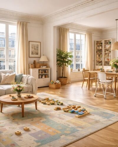 Appartement familial à Paris avec pièce de vie lumineuse et agencement adapté à la vie de famille
