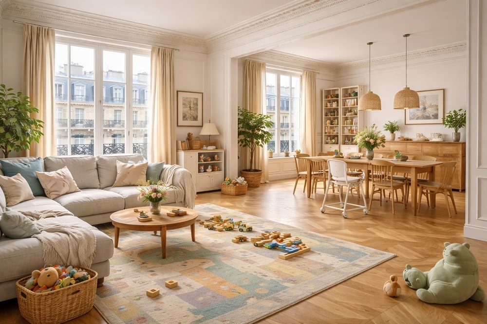 Appartement familial à Paris avec pièce de vie lumineuse et agencement adapté à la vie de famille