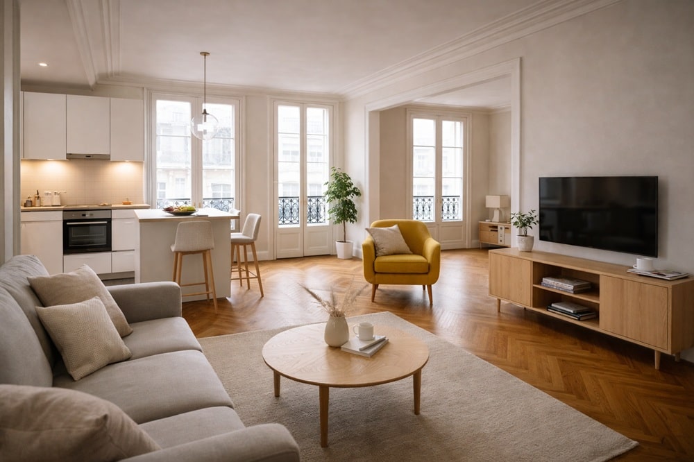 Appartement parisien rénové avec cuisine moderne et mobilier soigné