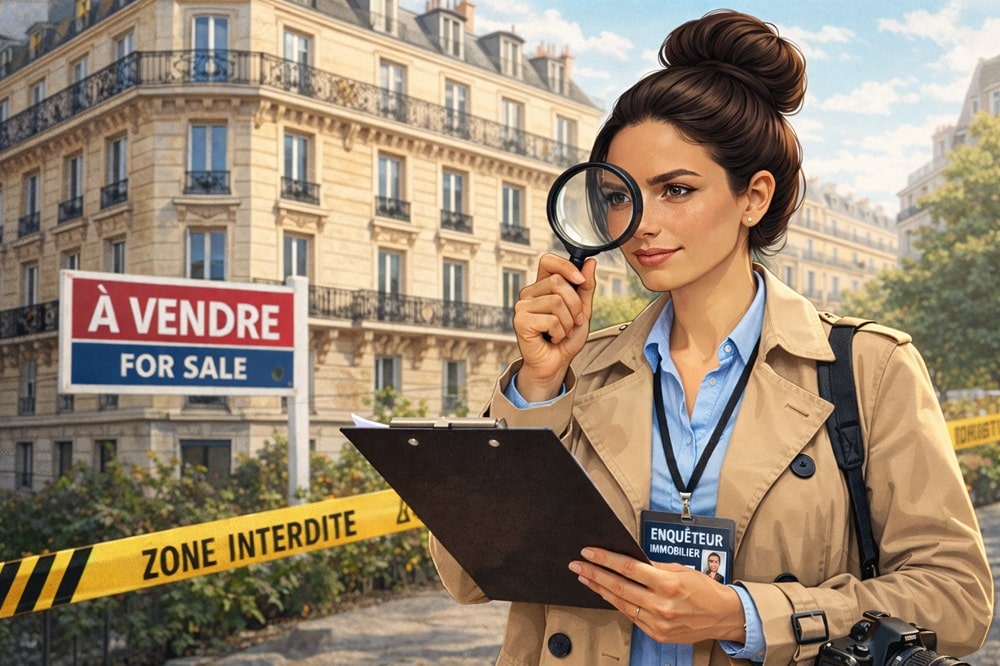 Illustration d’une enquêtrice immobilière à la peau mate, cheveux bruns en chignon haut, examinant un immeuble haussmannien à Paris avec une loupe et un carnet, en format paysage.