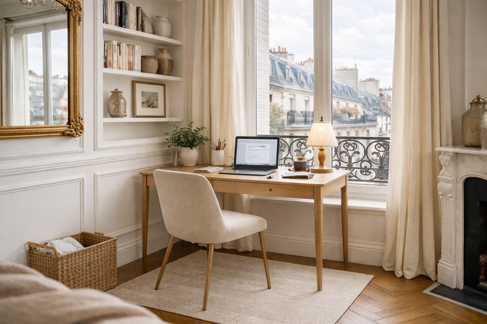 Espace bureau aménagé dans un appartement familial parisien, adapté au télétravail
