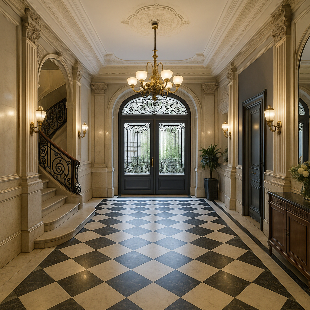 Hall d’entrée haussmannien avec sol en damier, moulures, escalier en pierre et porte en ferronnerie