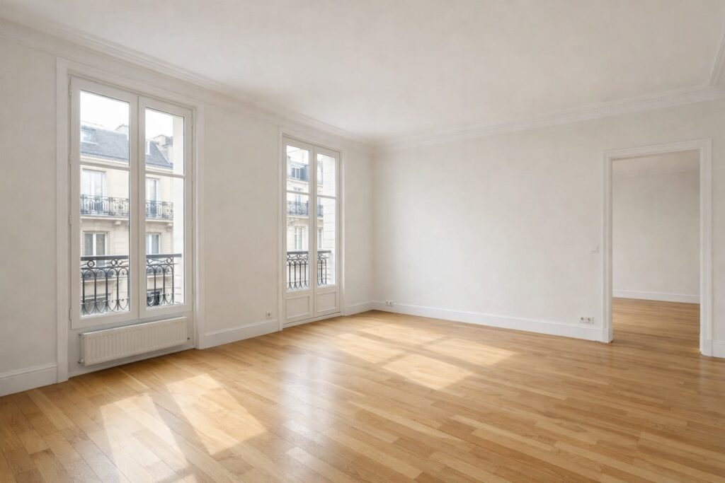 Appartement parisien vide et lumineux avec grandes fenêtres, parquet clair et murs neutres, illustrant l’achat immobilier à distance.