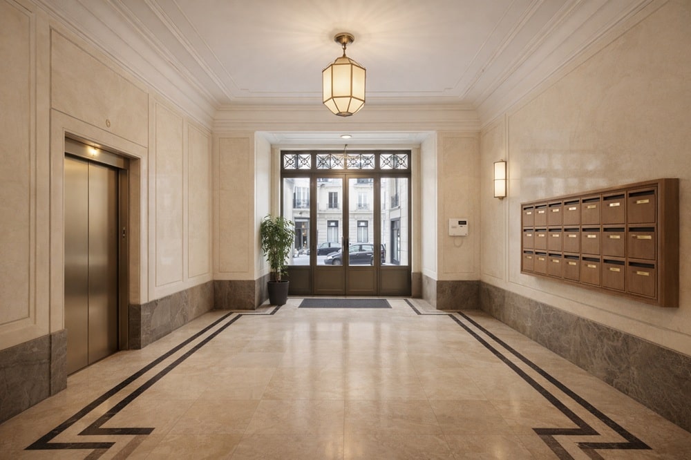 Parties communes d’un immeuble ancien à Paris lors d’un achat d’appartement à rénover.