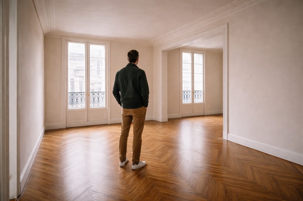 Personne observant un appartement parisien vide et lumineux