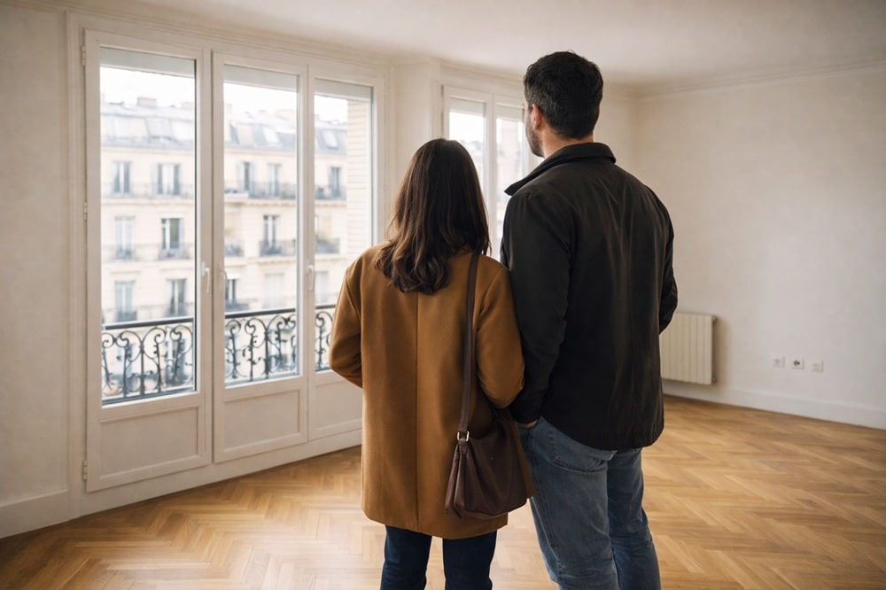 Couple visitant un appartement parisien lors d’un projet d’achat immobilier