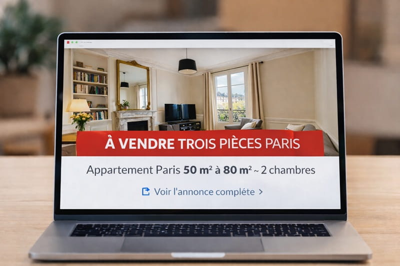 Annonce immobilière affichée sur un ordinateur portable pour un appartement trois pièces à vendre à Paris