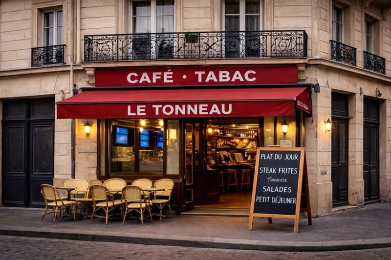 Café avec terrasse en rez-de-chaussée d’immeuble parisien et logements aux étages