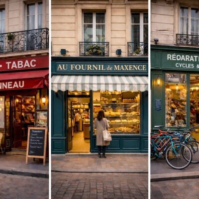 Façade d’un immeuble parisien avec un commerce en rez-de-chaussée et des appartements aux étages