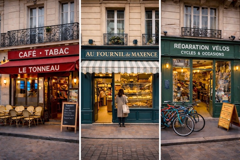 Façade d’un immeuble parisien avec un commerce en rez-de-chaussée et des appartements aux étages