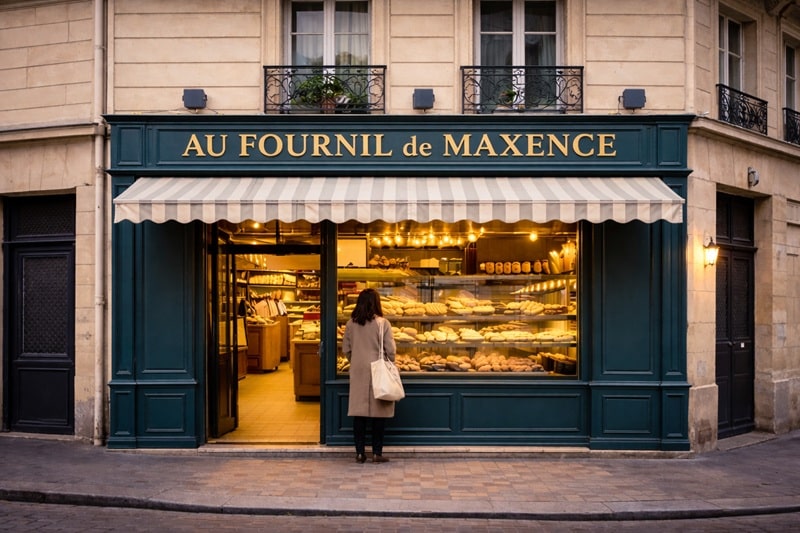 Boulangerie parisienne en rez-de-chaussée d’immeuble avec logements situés au-dessus