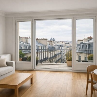 Appartement parisien situé au dernier étage, intérieur lumineux avec grandes fenêtres donnant sur les toits de Paris