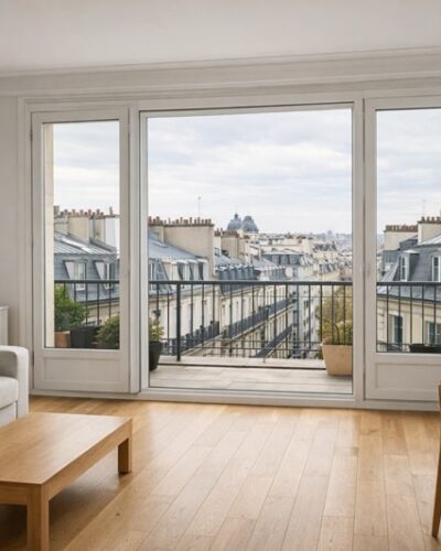 Appartement parisien situé au dernier étage, intérieur lumineux avec grandes fenêtres donnant sur les toits de Paris