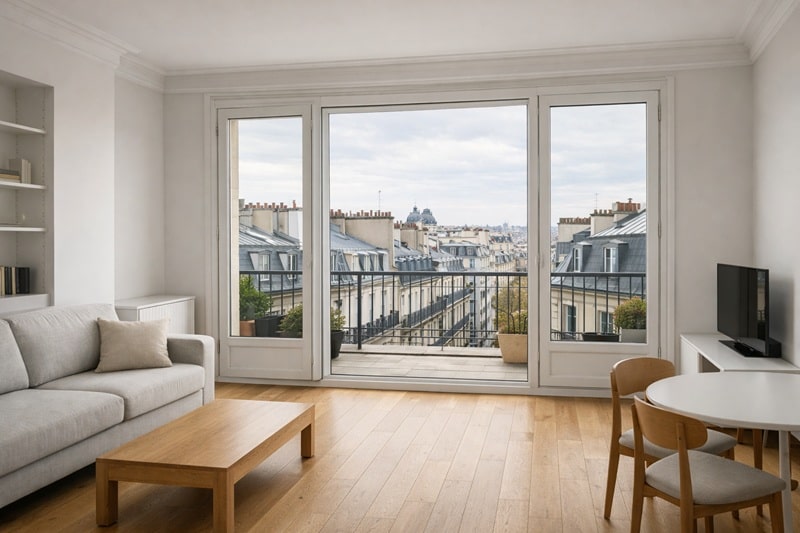 Appartement parisien situé au dernier étage, intérieur lumineux avec grandes fenêtres donnant sur les toits de Paris