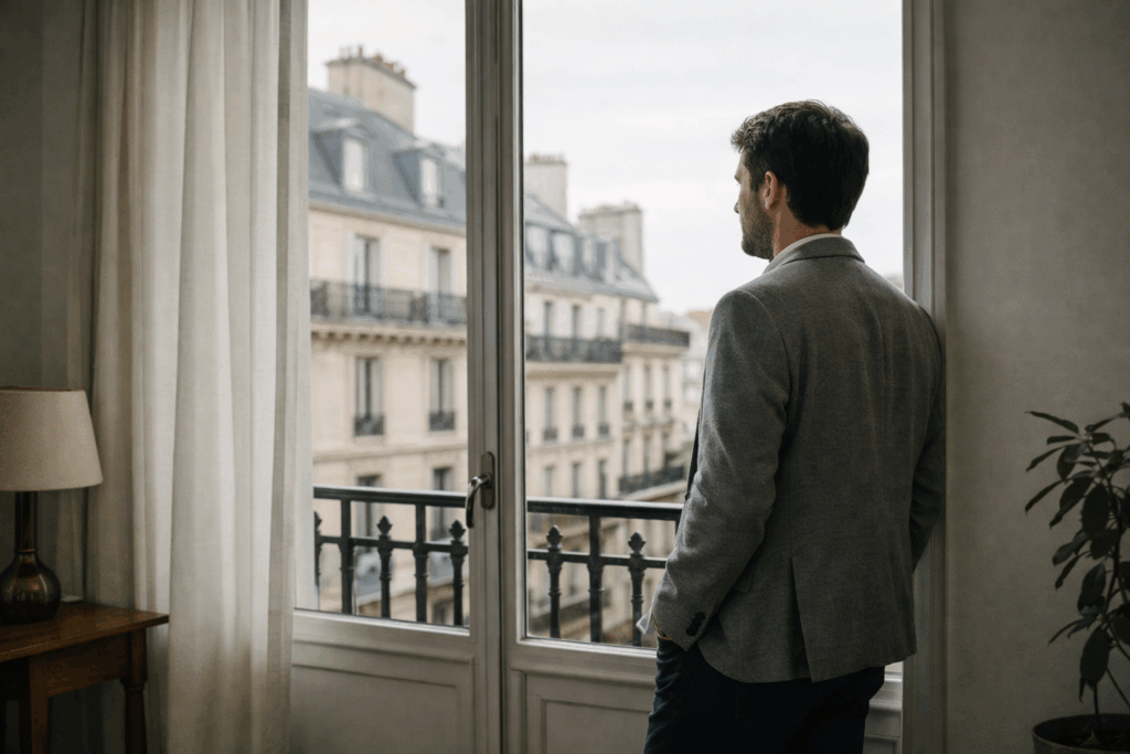 Personne regardant par la fenêtre d’un appartement parisien en attendant la réponse du vendeur à une offre d’achat immobilière.
