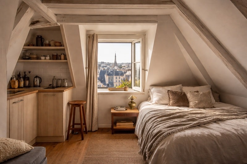 Chambre de bonne rénovée sous combles avec fenêtre et vue sur les toits de Paris