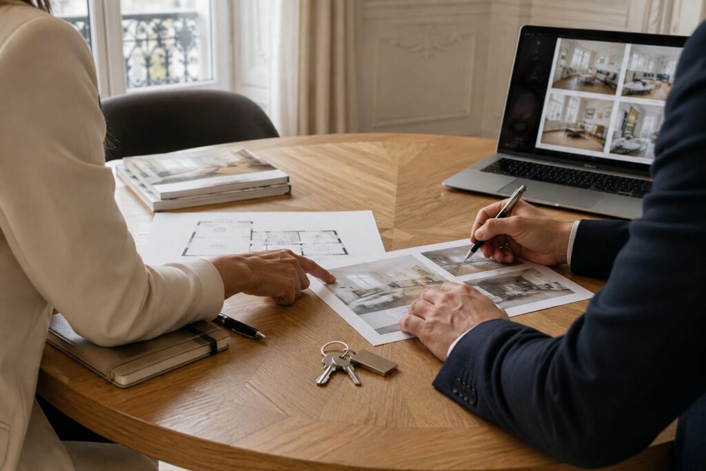 Acquéreur et chasseur immobilier comparant des annonces, des photos et le plan d’un appartement à Paris.