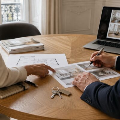 Acquéreur et chasseur immobilier comparant des annonces, des photos et le plan d’un appartement à Paris.