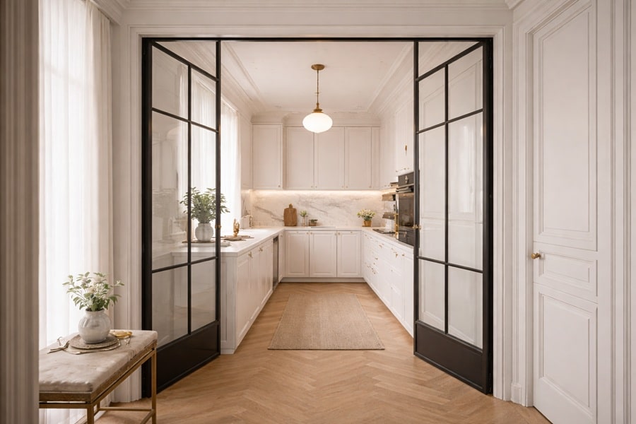 Cuisine fermée aménagée dans un appartement, espace indépendant optimisé pour le confort d’usage et le rangement.