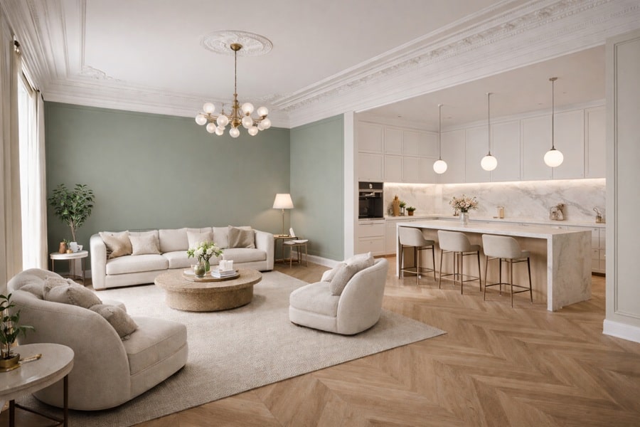 Séjour lumineux avec cuisine ouverte dans un appartement parisien ancien rénové, volumes décloisonnés et circulation fluide.