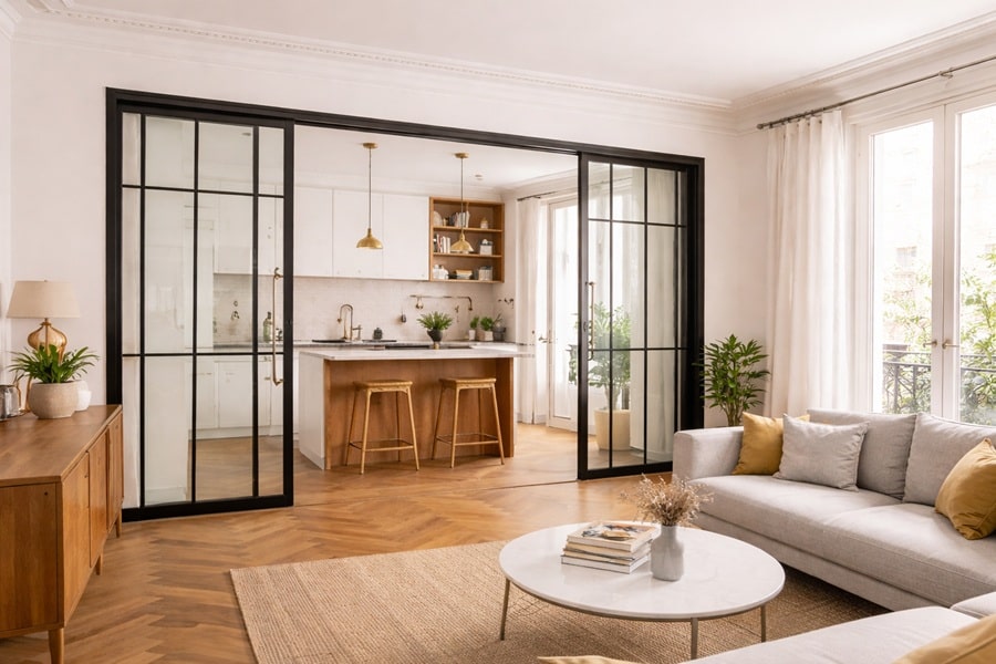 Cuisine semi-ouverte séparée par une verrière dans un appartement parisien, compromis entre ouverture, lumière et isolation.
