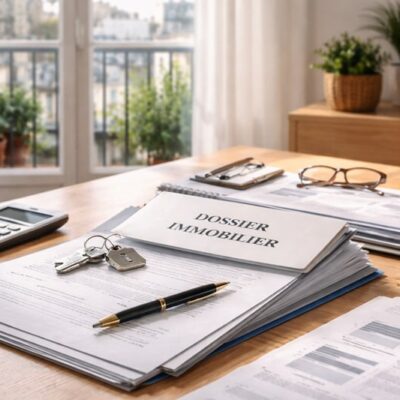 Dossier achat immobilier organisé avec documents, contrat et clés, posé sur une table dans un intérieur parisien