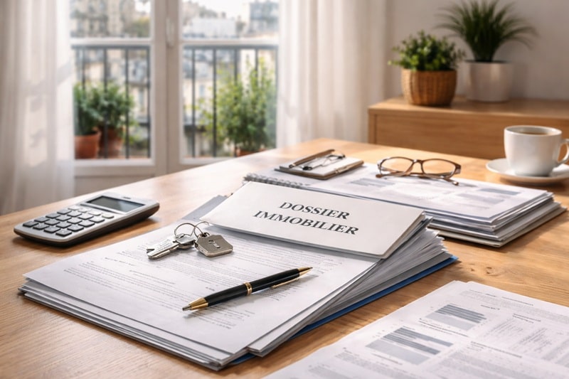 Dossier achat immobilier organisé avec documents, contrat et clés, posé sur une table dans un intérieur parisien