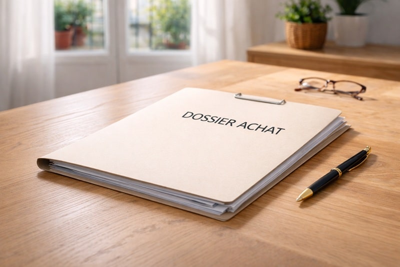 Dossier achat immobilier fermé posé sur une table en bois clair dans un intérieur parisien lumineux