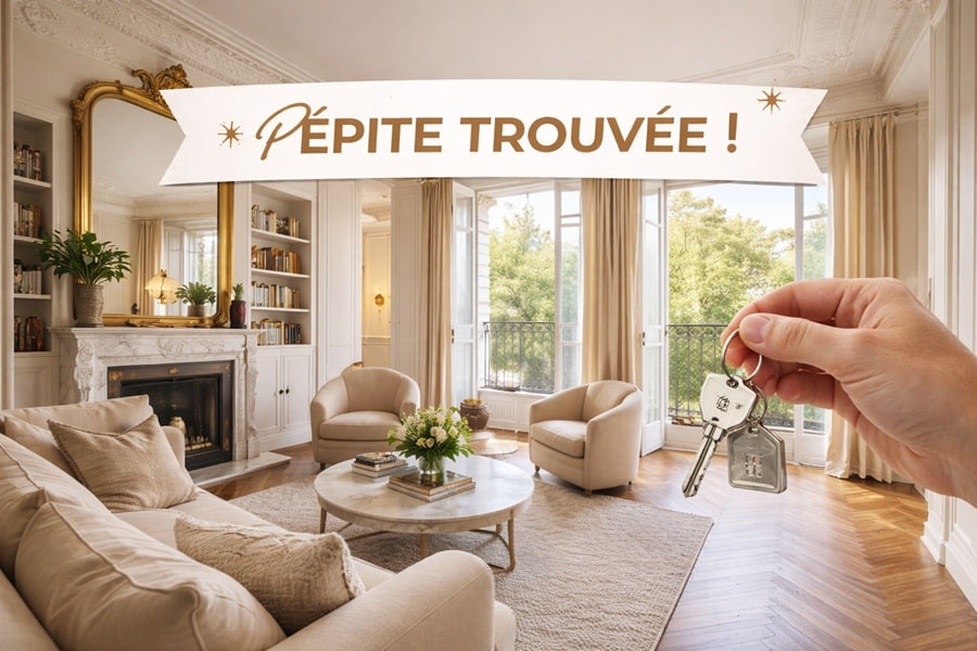 Intérieur d’appartement parisien lumineux symbolisant une opportunité immobilière rare trouvée avec l’aide d’un chasseur immobilier