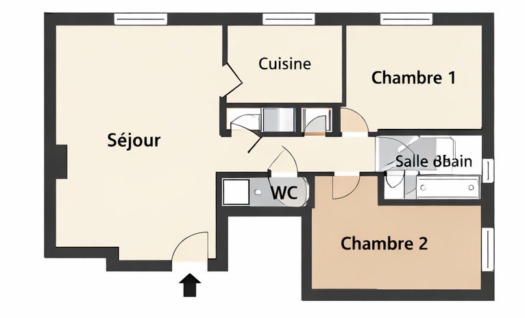 Plan d’un appartement trois pièces à Paris montrant le séjour, la cuisine et deux chambres