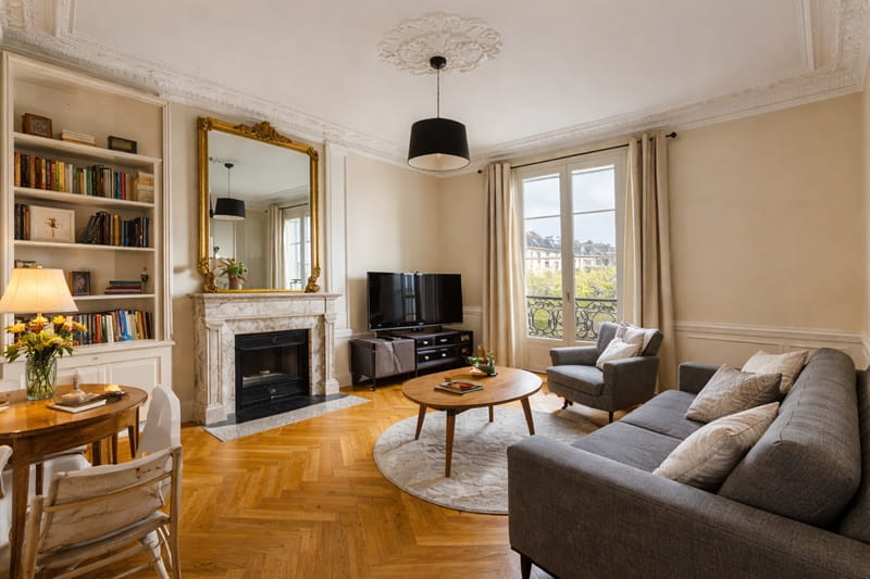 Séjour lumineux d’un appartement trois pièces à Paris avec parquet, cheminée et fenêtres sur cour