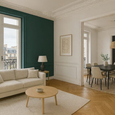 Séjour et salle à manger dans un appartement haussmannien rénové à Paris, typologie recherchée par les acheteurs non-résidents