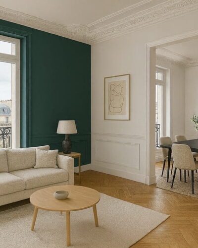 Séjour et salle à manger dans un appartement haussmannien rénové à Paris, typologie recherchée par les acheteurs non-résidents
