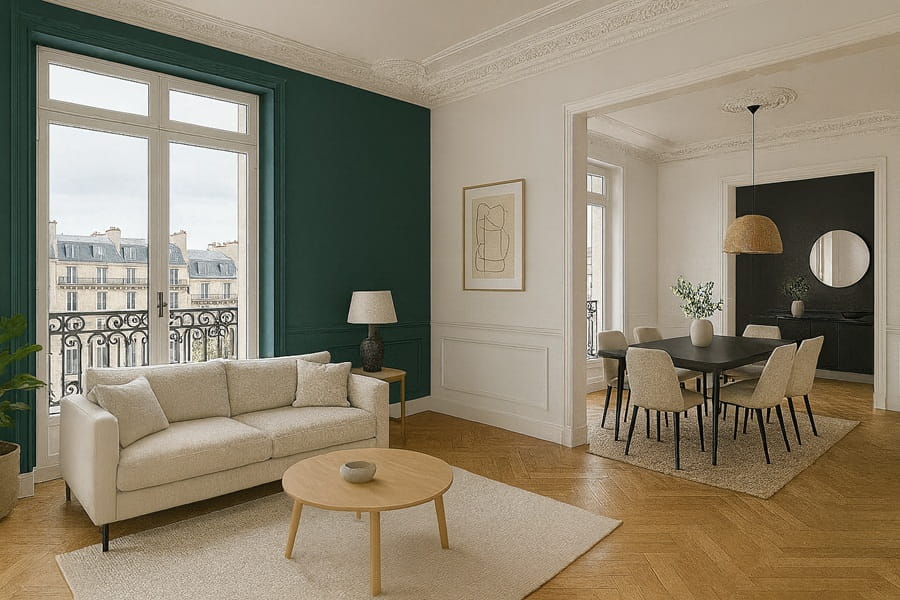 Séjour et salle à manger dans un appartement haussmannien rénové à Paris, typologie recherchée par les acheteurs non-résidents