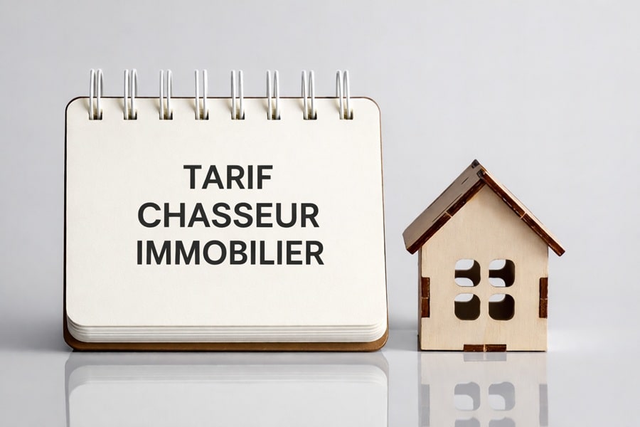 Illustration représentant le tarif d’un chasseur immobilier, avec un carnet indiquant “tarif chasseur immobilier” et une maison symbolique