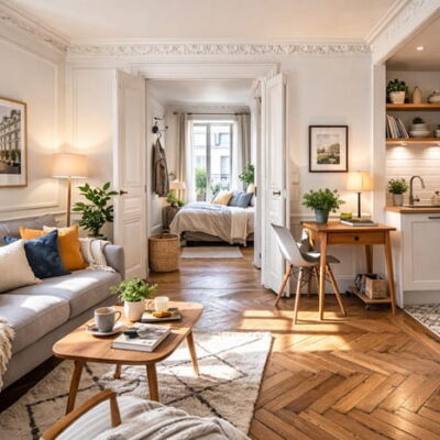 Appartement ancien à Paris avec parquet en chevrons et moulures, illustrant un premier achat immobilier
