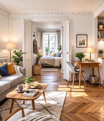 Appartement ancien à Paris avec parquet en chevrons et moulures, illustrant un premier achat immobilier