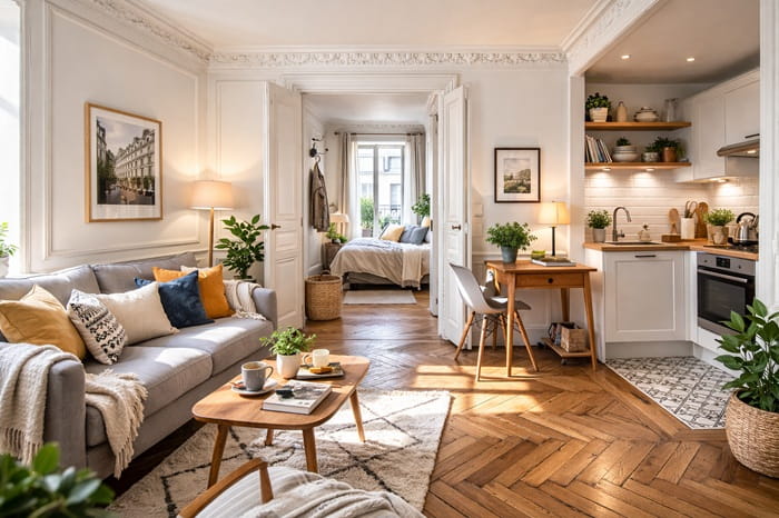 Appartement ancien à Paris avec parquet en chevrons et moulures, illustrant un premier achat immobilier