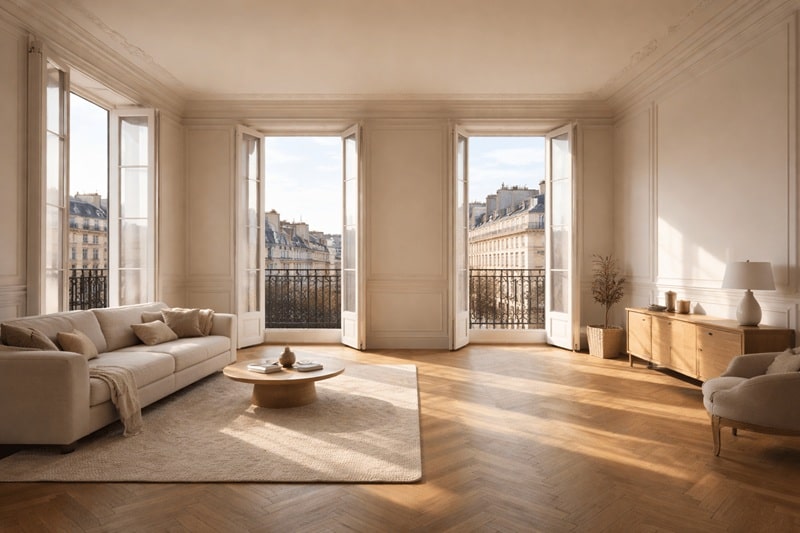 Salon d’appartement parisien ancien avec parquet et grandes fenêtres concerné par une vente notariale interactive